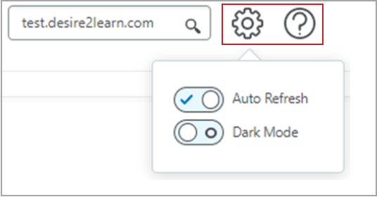 As opções Atualização automática e Modo escuro no menu Opções e no ícone Ajuda.
