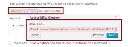 Accessibility checker alerting user to lack of font color contrast