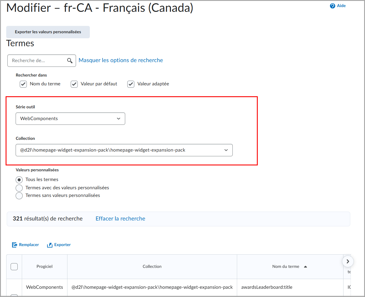 La page « Edit - en-US - English (US) » dans laquelle le progiciel d'outil WebComponents et la collection HWEP sont sélectionnés.