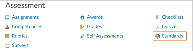 The Assessment group in the Course Admin options, with Standards highlighted.