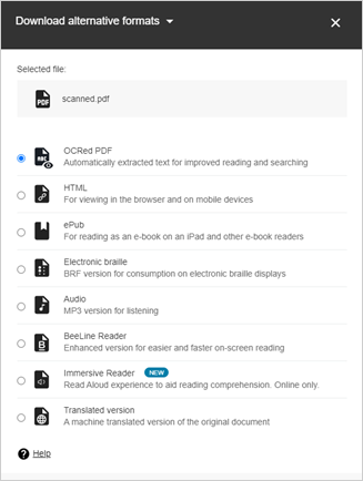 Figure: The alternative download formats list in Anthology Ally.