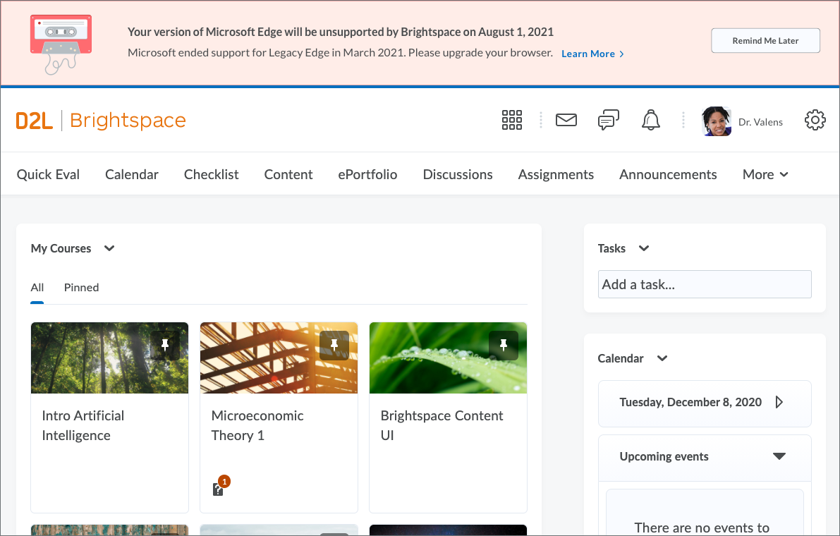 A screenshot of the banner that displays in Brightspace when a user is using Legacy Edge.