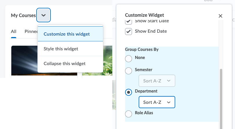 A screenshot illustrating where the Customize Widget option is on the My Courses Widget