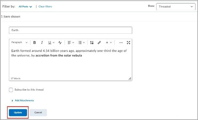 An edited discussion post with the Update button highlighted