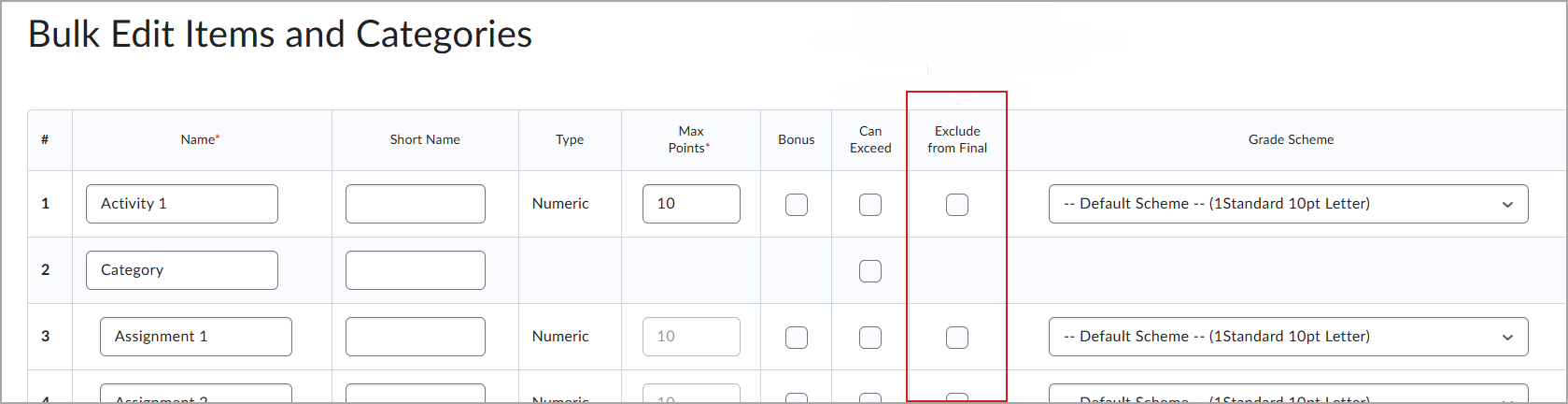 Tela Editar Itens e Categorias em Massa, com a coluna Excluir da Final destacada.