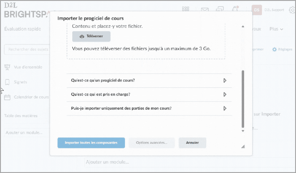 La barre de progression, qui affiche les mises à jour pendant le processus d'ajout d'un module à la table des matières dans Brightspace D2L.