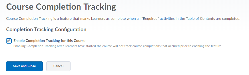 Screenshot of Course Completion Configuration pop up