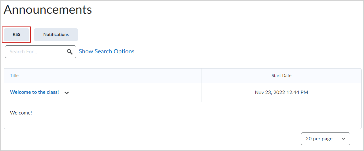 The RSS button on the Announcements page.