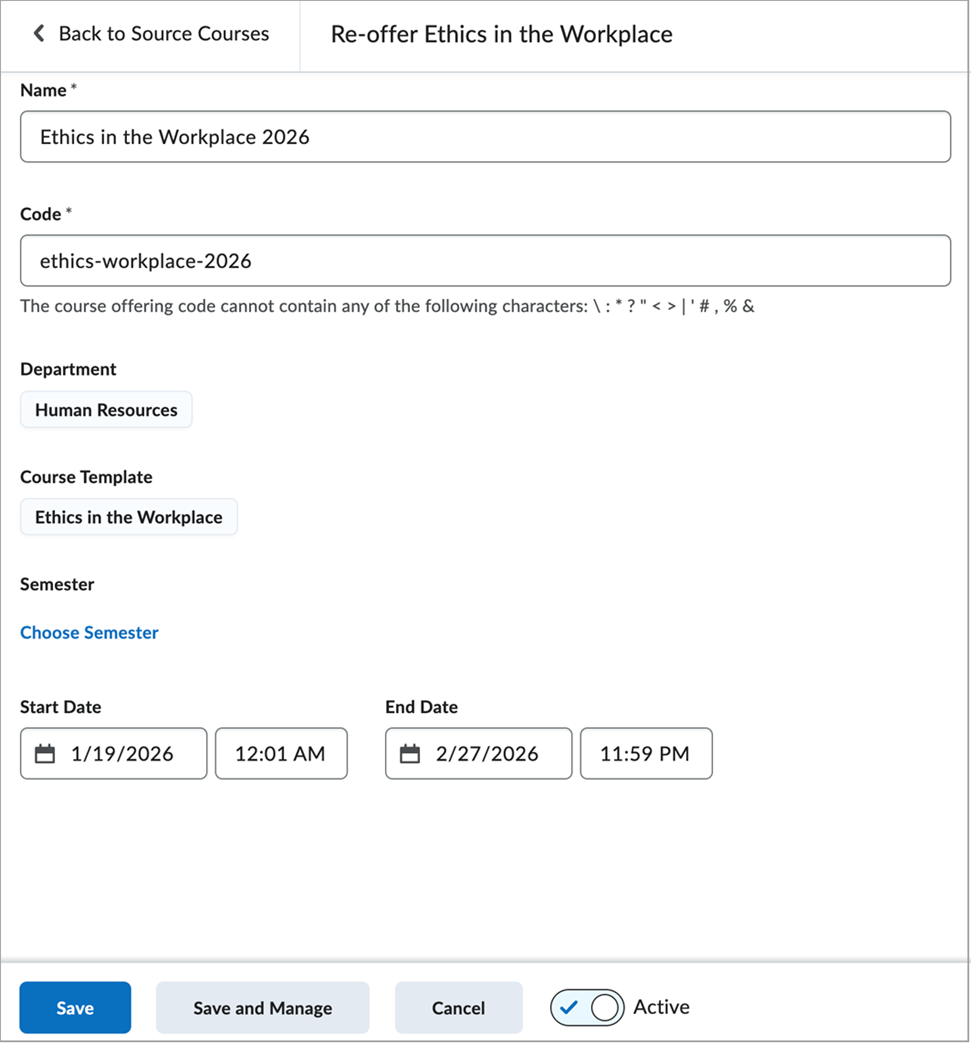 Una vista de la página Volver a ofrecer [nombre del curso] muestra los campos Nombre, Código, Departamento, Plantilla del curso, Semestre y Fechas