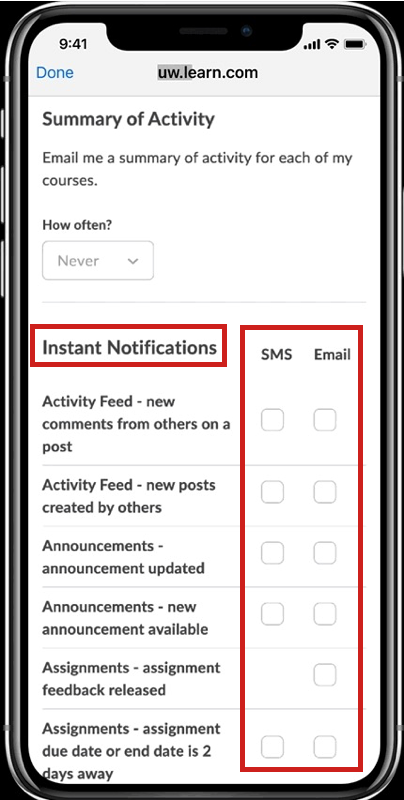 The Instant Notifications section of the SMS/Email Notifications page.