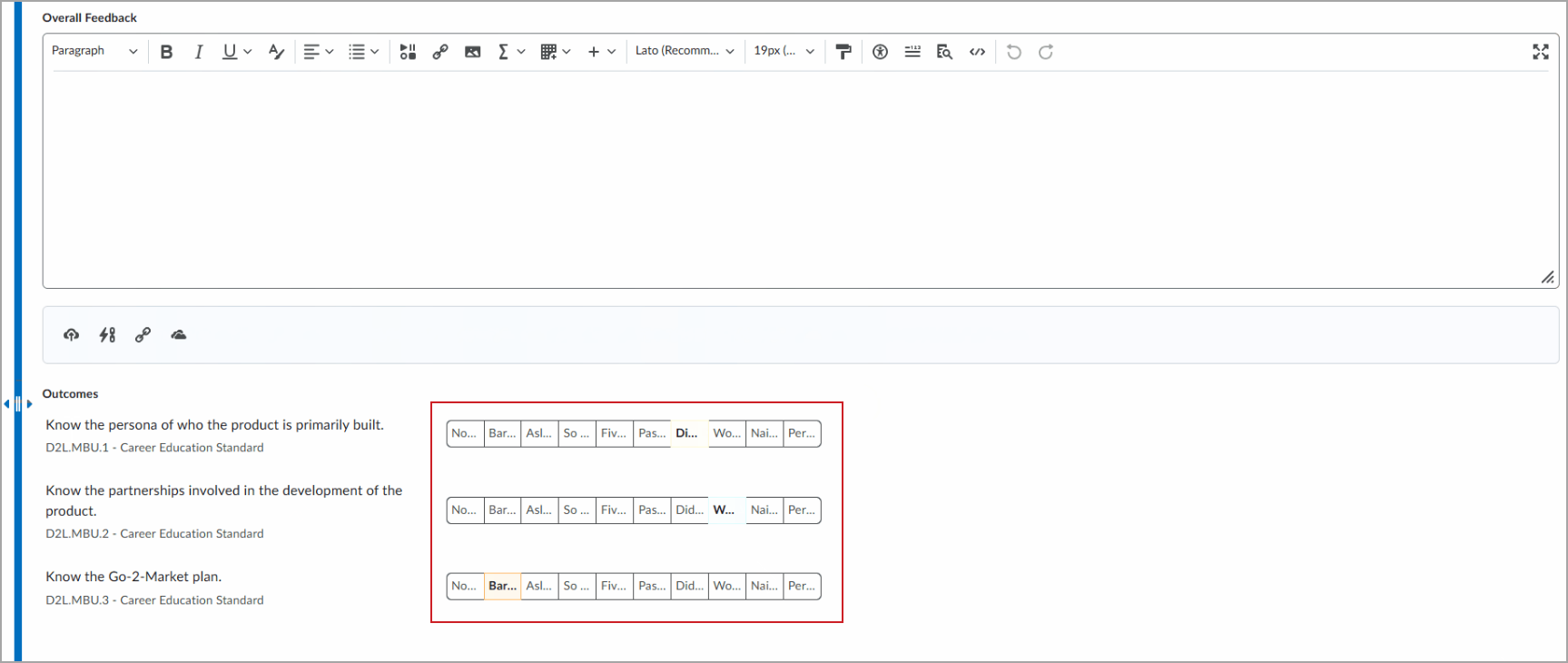 Niveles de logro de resultados en columnas de ancho fijo, en los que se muestran solo los primeros caracteres de cada nombre.