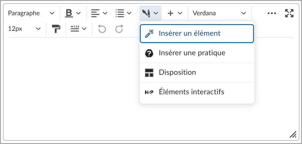 Un menu de la barre d'outils affichant les options d'une liste déroulante. Les options comprennent Insérer un élément, Insérer un exercice, Mises en page et Éléments interactifs, chacune accompagnée des icônes correspondantes.