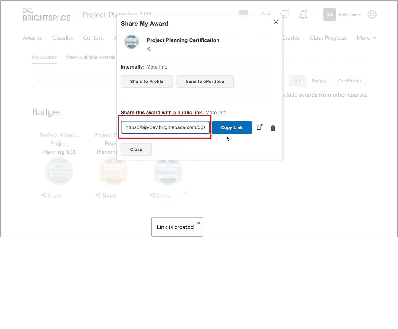 The award sharing via a public link workflow