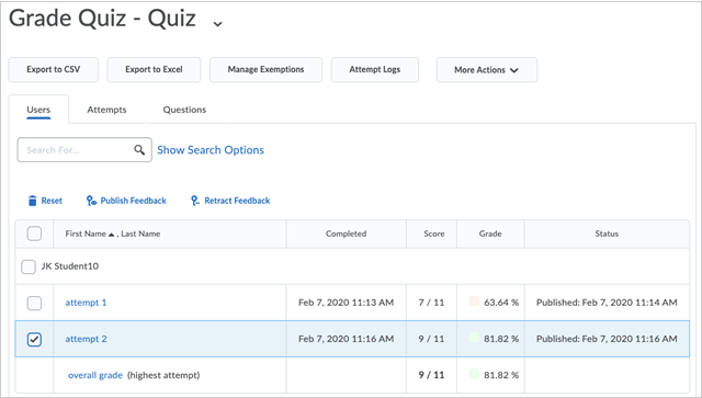The Grade Quiz interface, indicating the quiz attempts taken by a learner.