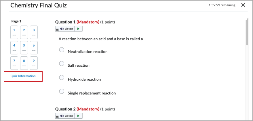 The Quiz Information option on the quiz page