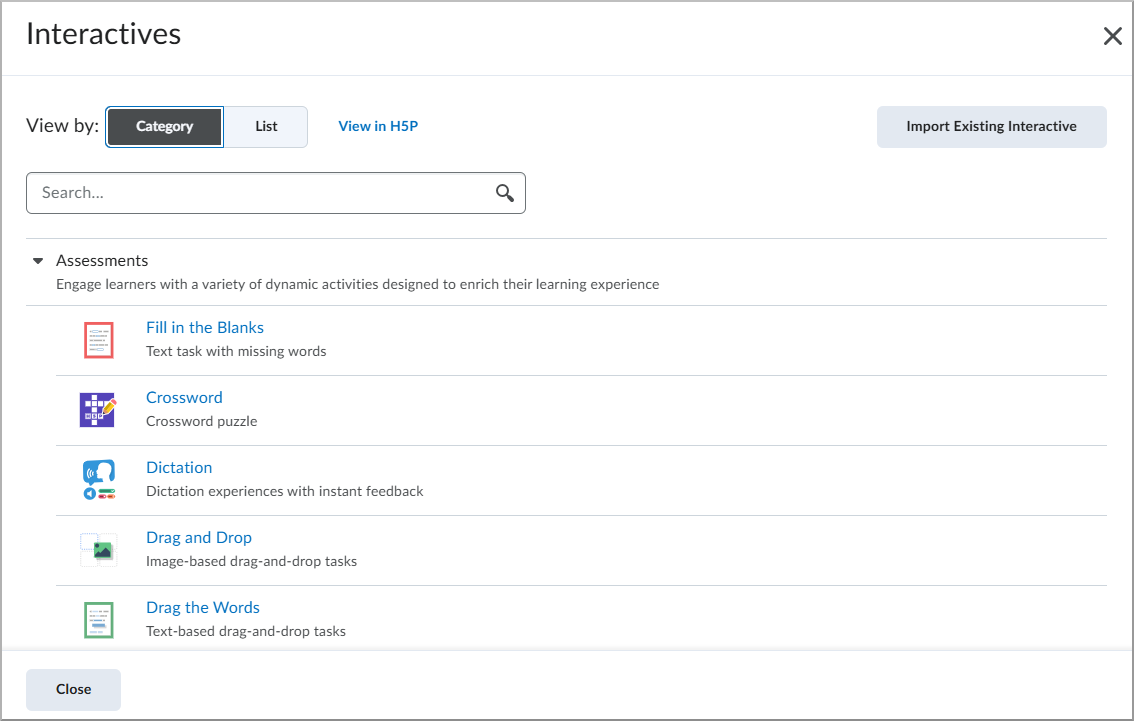 Interfaz H5P que muestra una lista de actividades interactivas disponibles, como Rellenar espacios en blanco, Crucigrama, Dictado y Arrastrar y soltar.