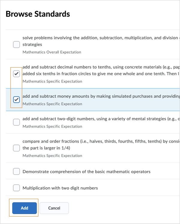 Browse Standards enables users to select Standards to align to rubric criteria.