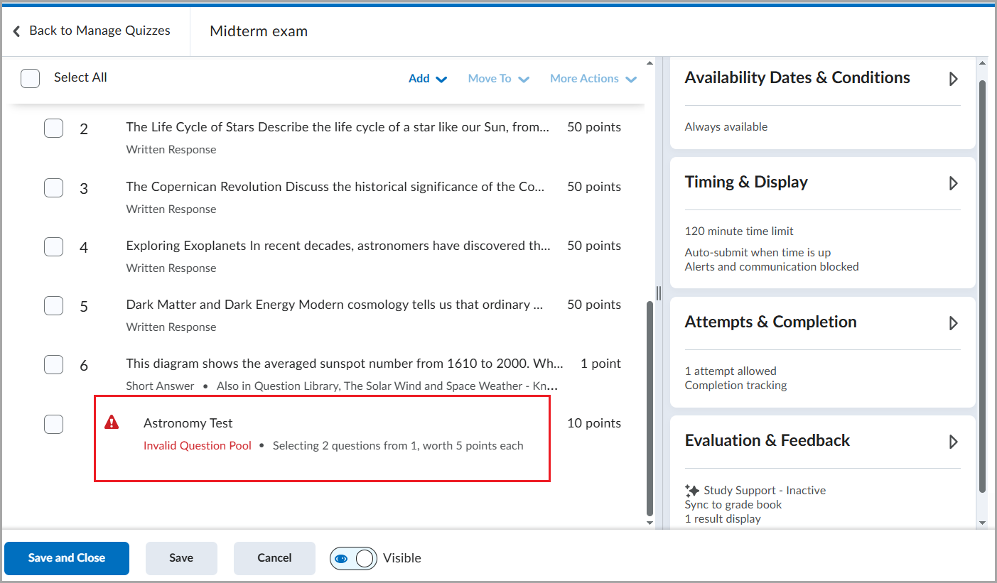 La página Editar cuestionario muestra un ejemplo del Grupo de preguntas no válidas con el ícono de advertencia.