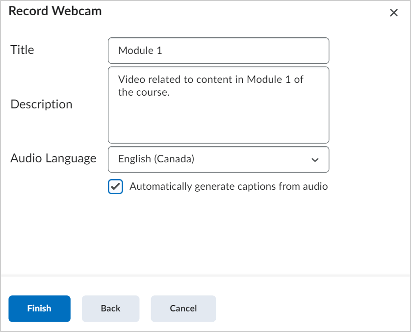 The Record Webcam dialog showing the Title, Description, and Audio Language options.