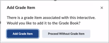 Nueva ventana emergente que le solicita que decidir si el contenido H5P que se incluye se asocia a un elemento de calificación. Nueva ventana emergente que le solicita que decidir si el contenido H5P que se incluye se asocia a un elemento de calificación.
