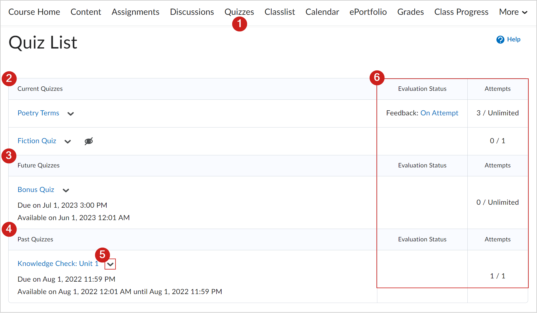 Overview of Quizzes for students and learnes.