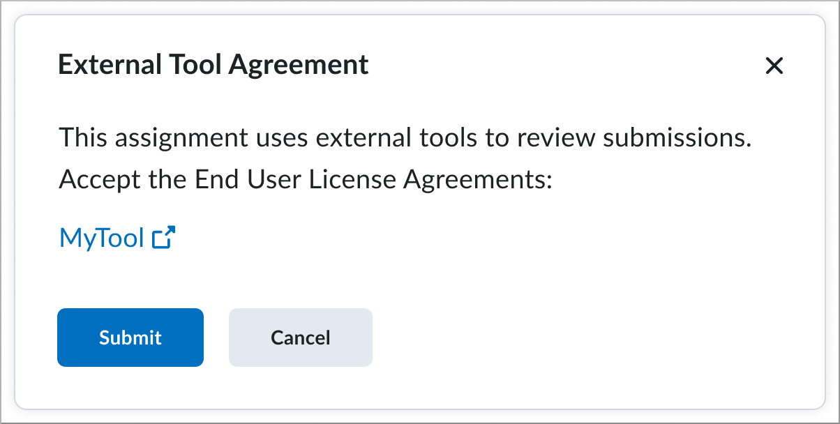 Ventana emergente del acuerdo de herramientas externas con opciones para aceptar los acuerdos de licencia de usuario final de MyTool y botones para enviar o cancelar.