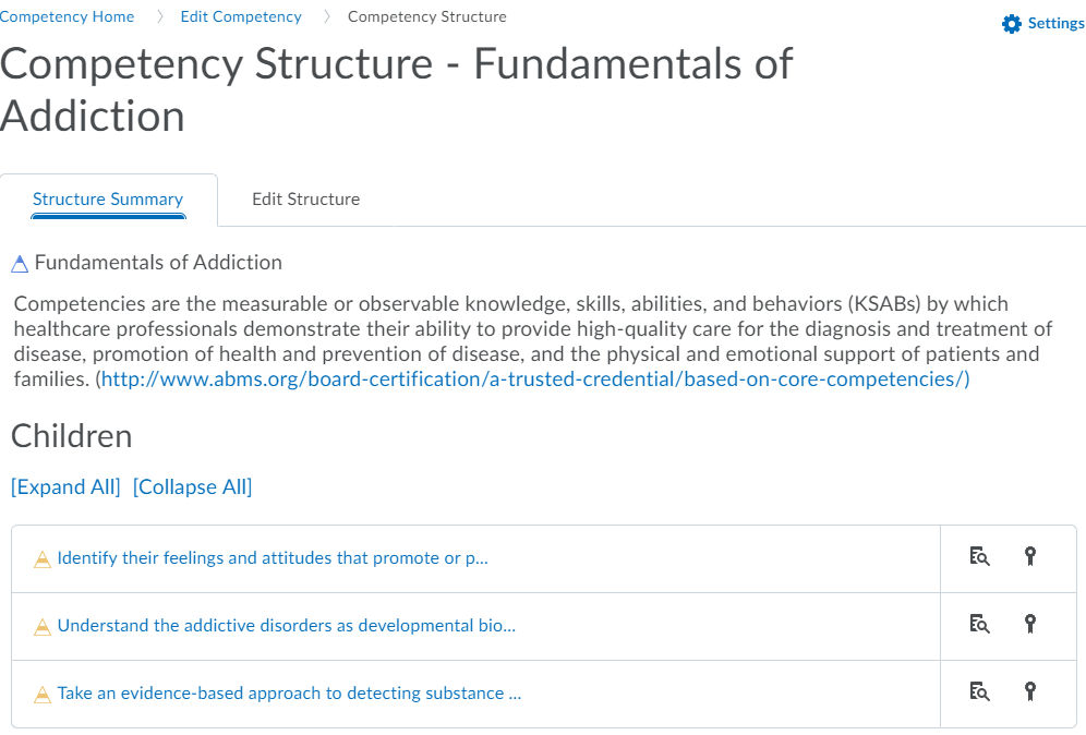 Competency structure with parent/child objective relationship