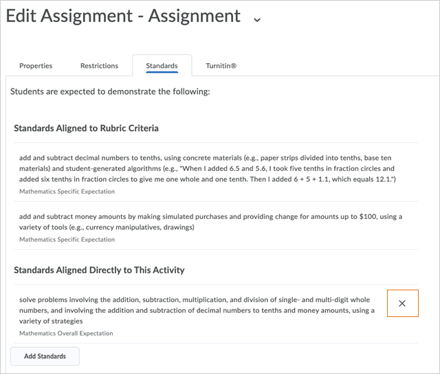The Edit Assignment dialog box displays the aligned learning objectives. Only objectives directly related (not through the rubric) can be removed here.