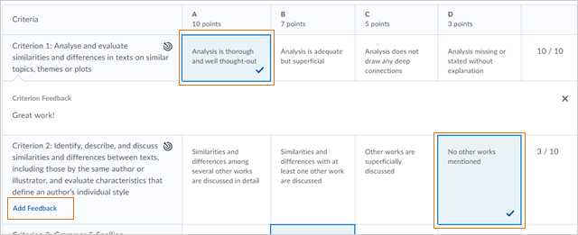 Click the appropriate column of the rubric to indicate the assessment level