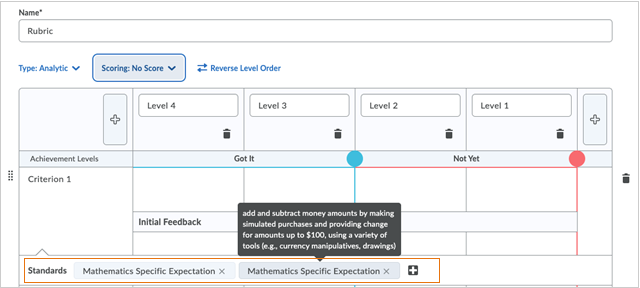 The Standards appear for each Criterion line, and the full text appears as hover text.