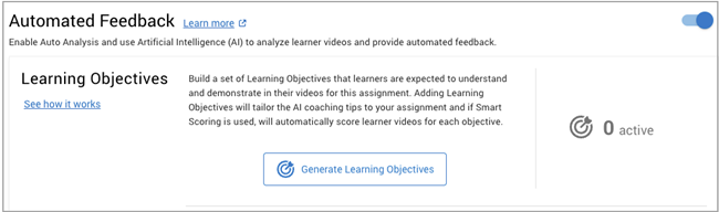 Habilite la opción de comentarios automatizados para activar el análisis automático y utilizar inteligencia artificial para evaluar las asignaciones de video