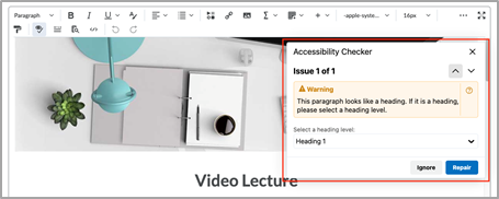 The Accessibility Checker dialog showing a compliance issue with the Ignore and Repair options.