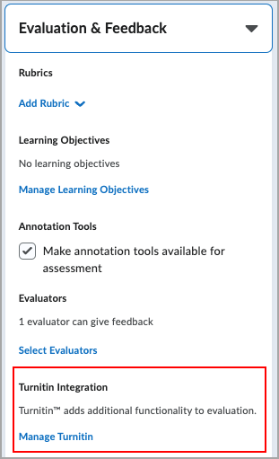 El área Integración de Turnitin aparece resaltada en el panel Evaluación y comentarios