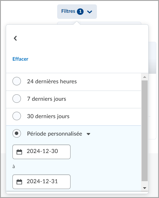 Le menu déroulant du filtre comprend des plages de dates personnalisées et prédéfinies