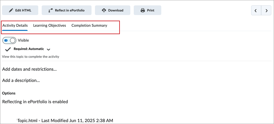 Una página de contenido muestra las pestañas Detalles de la actividad, Objetivos de aprendizaje y Resumen de finalización, que se destacan en rojo para hacer énfasis.