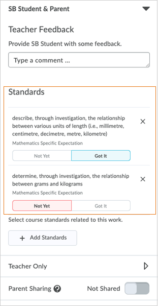 Brightspace Portfolio user interface, with the Standards area highlighted.