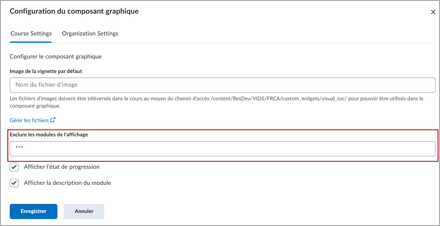 L'option Exclure les modules de l'affichage du composant graphique Table des matières.