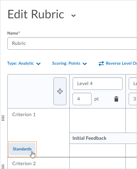 The Standards button is available for each criterion on a rubric.