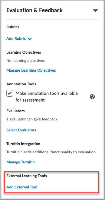 Sección Evaluación y comentarios con opciones para rúbricas, objetivos de aprendizaje, herramientas de anotación, evaluadores, integración con Turnitin y herramientas externas de aprendizaje.