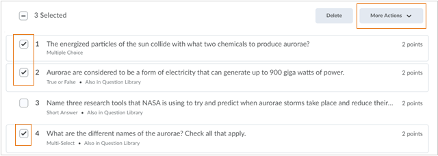 Questions are selected to be aligned with standards. The More Actions button is highlighted.