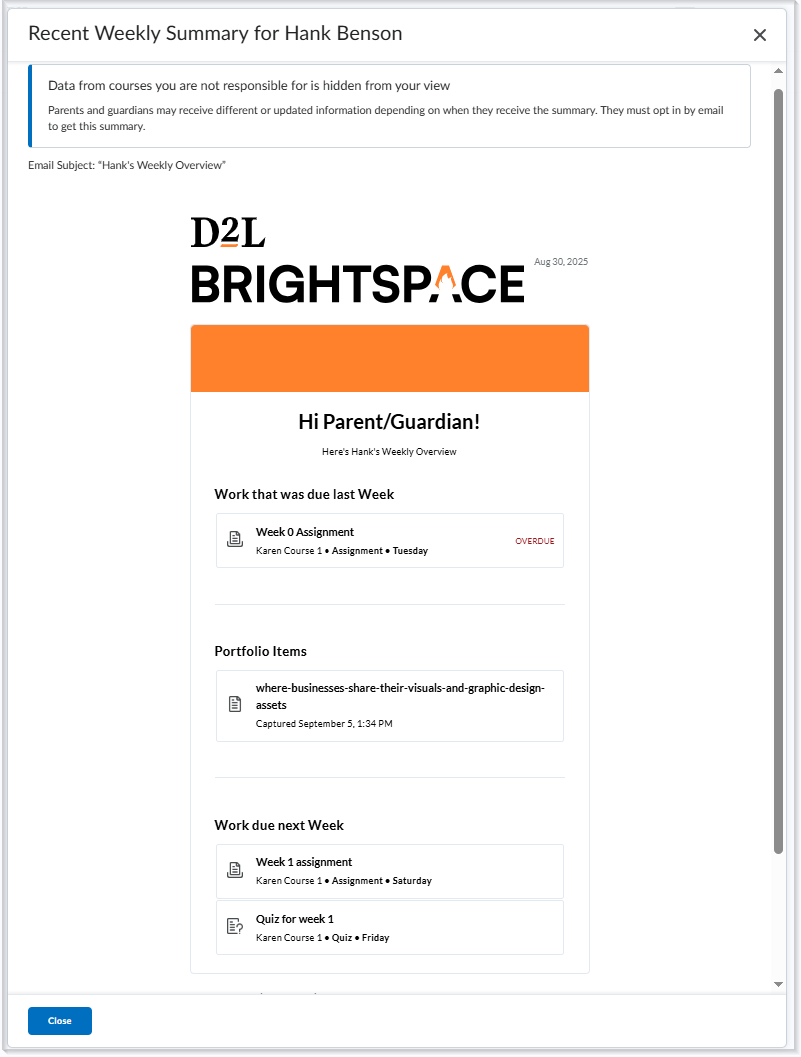 Janela Resumo Semanal aberta mostrando o conteúdo do e-mail de resumo de um aluno