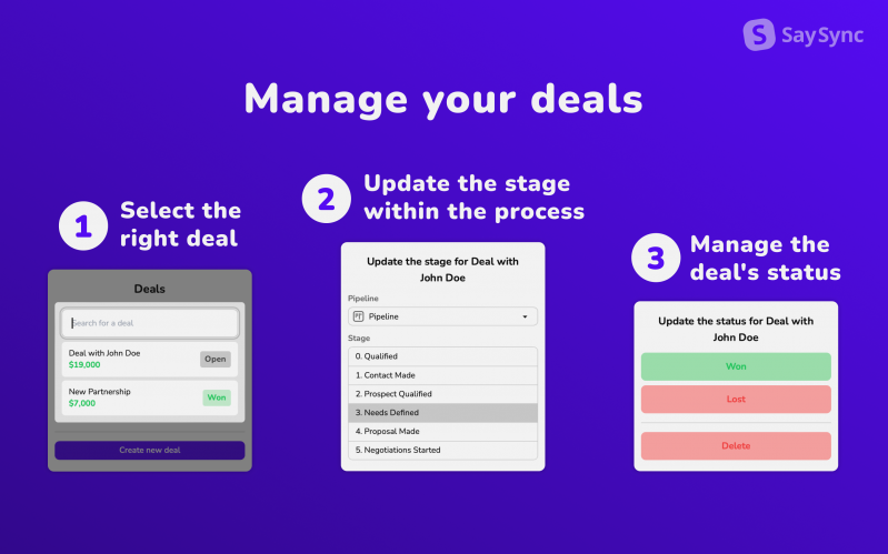 With SaySync, you can directly view all deals and continuously update the stage and status of a deal to keep all team members informed.