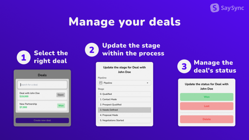 With SaySync, you can directly view all deals and continuously update the stage and status of a deal to keep all team members informed