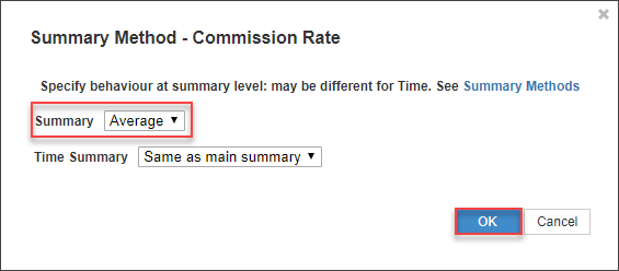 In Blueprint view, scroll right to the Summary column. Adjust the Summary Method of the Commission Rate as shown above.