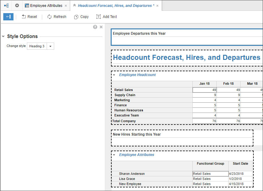 Click Add Text, double-click in the text box that appears at the top of the dashboard, and type in the text for the title of the module view. Select Heading 3 from the Change style dropdown list.