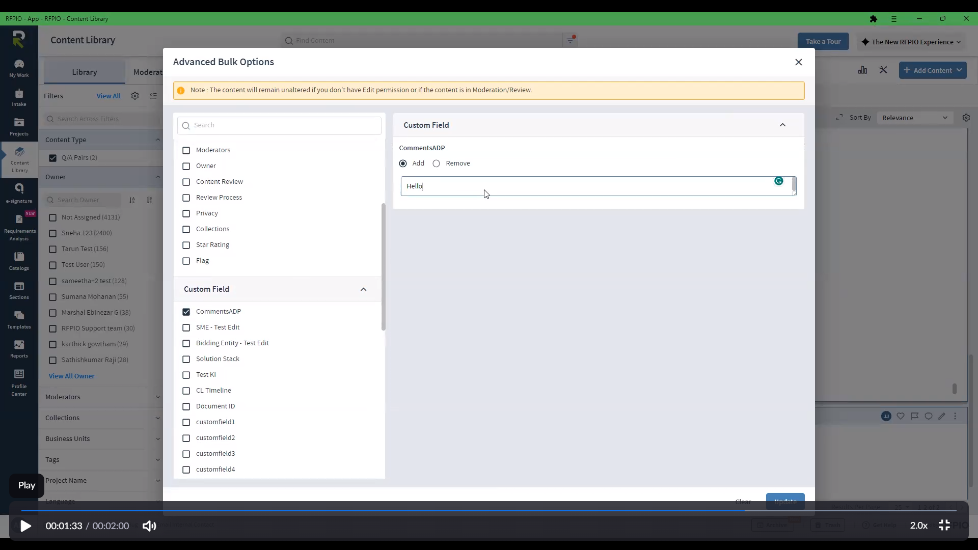 Bulk update option for Custom field's to show replace instead of Add ...
