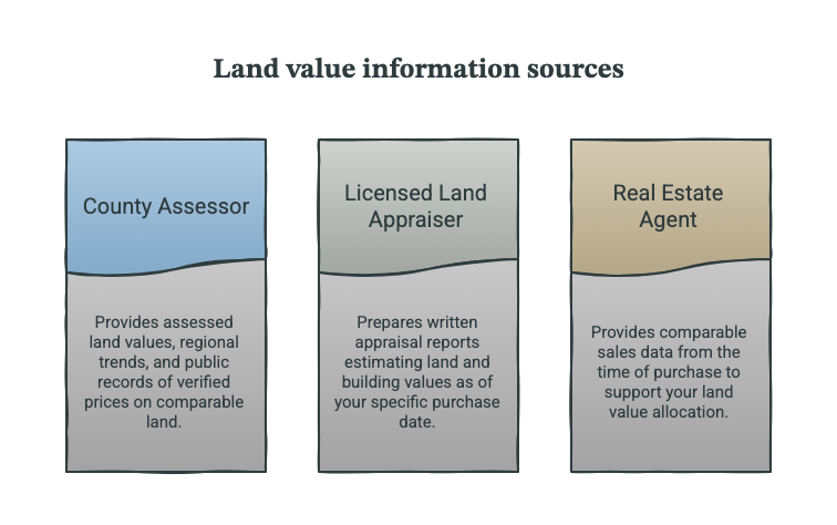Infographic titled “Land value information sources” with three side-by-side panels: “County Assessor,” which provides assessed land values, regional trends, and public records of verified prices on comparable land; “Licensed Land Appraiser,” which prepares written appraisal reports estimating land and building values as of a specific purchase date; and “Real Estate Agent,” which provides comparable sales data from the time of purchase to support land value allocation.
