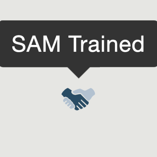 Drawing of two hands shaking in blue with text bubble above that says SAM Trained