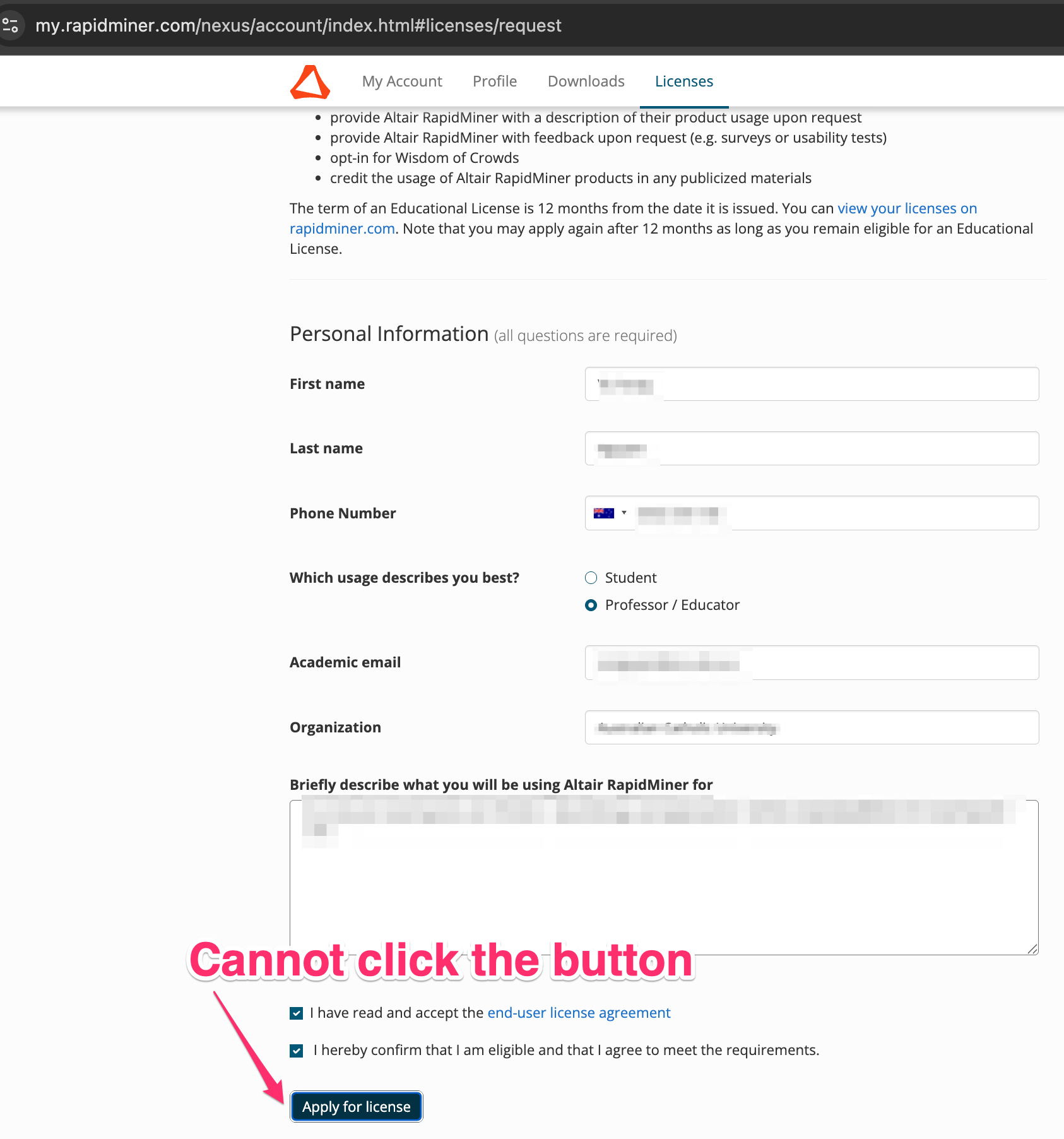 Cannot click - Altair_RapidMiner_Account.png