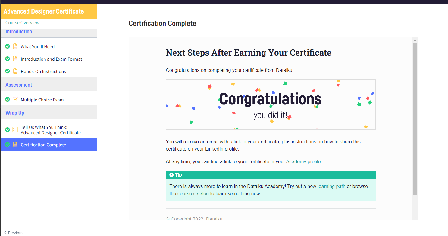 No Certificate for Advanced Designer Assessment — Dataiku Community